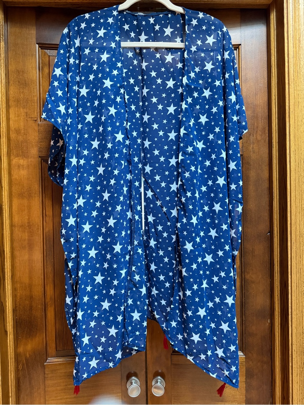 Star Print Open Front Kimono - Blue & White with Red Tassels, One Size